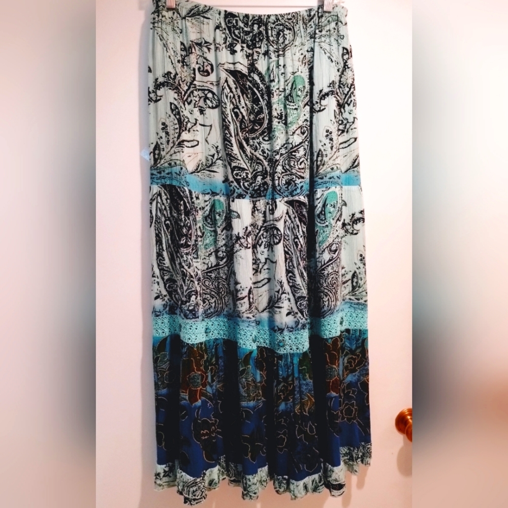 Women's Y2K Forbidden LA Bohemian Sequenced Tiered Crinkle Rayon Maxi Skirt